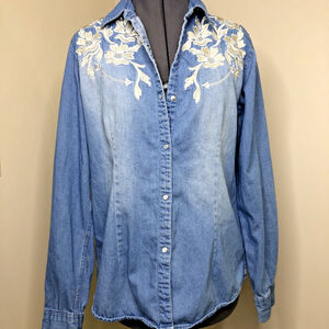 VTG L Panhandle Women’s Full Snap Button Long Sleeve Denim Shirt Embroidered CN